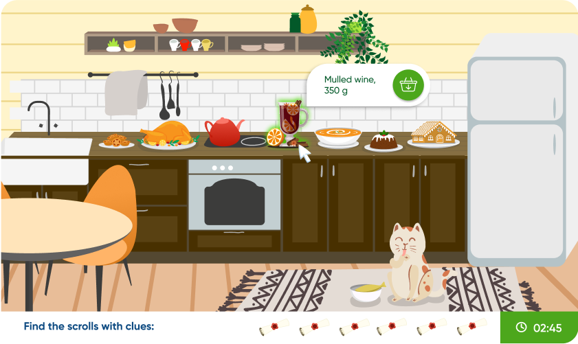 Hidden objects game in a kitchen